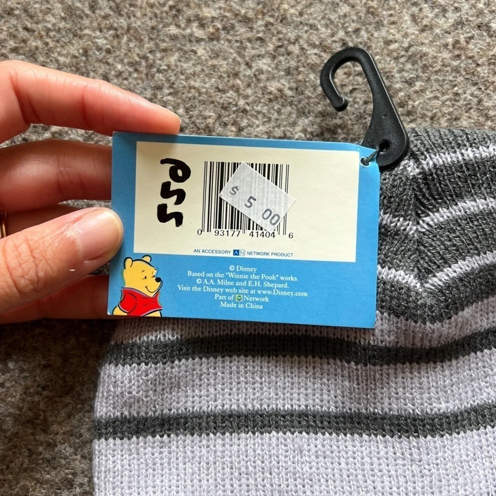 NWT 2000s Vintage Winnie The Pooh Grey Stripe Knit Beanie Embroidered Cuffed Y2K